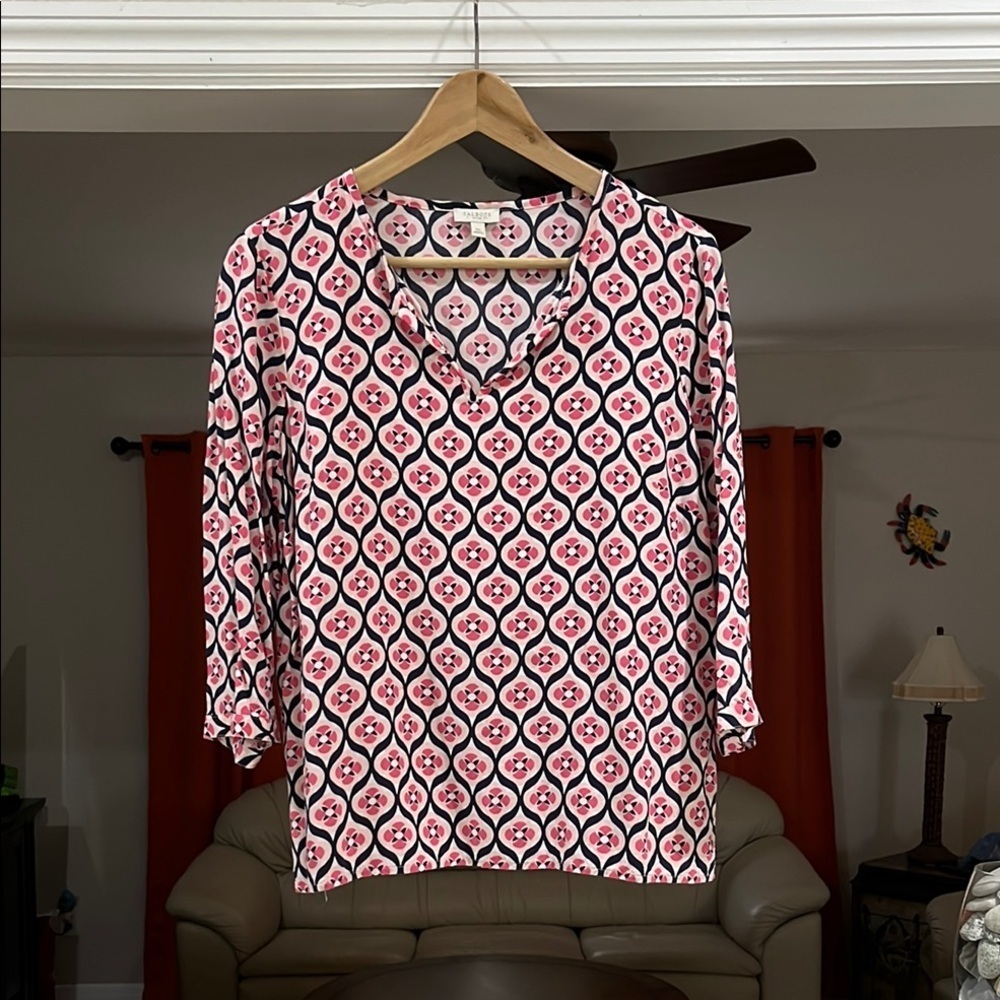 Talbots Pink Black Geometric V-Neck Tunic Blouse